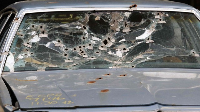 Timothy Russell's windshield is shown during a mock up of the crime scene during manslaughter trial for a police officer in Cleveland
