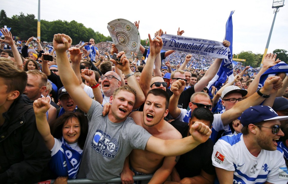 Damstadt supporters react after winning their German Bundesliga second division soccer match against Sankt Pauli in Darmstadt