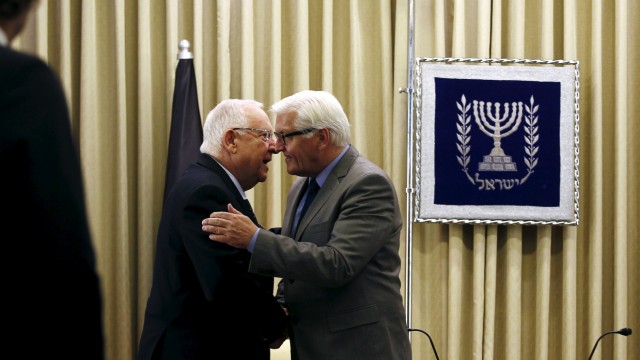 Israel's President Rivlin greets Germany's Foreign Minister Steinmeier in Jerusalem