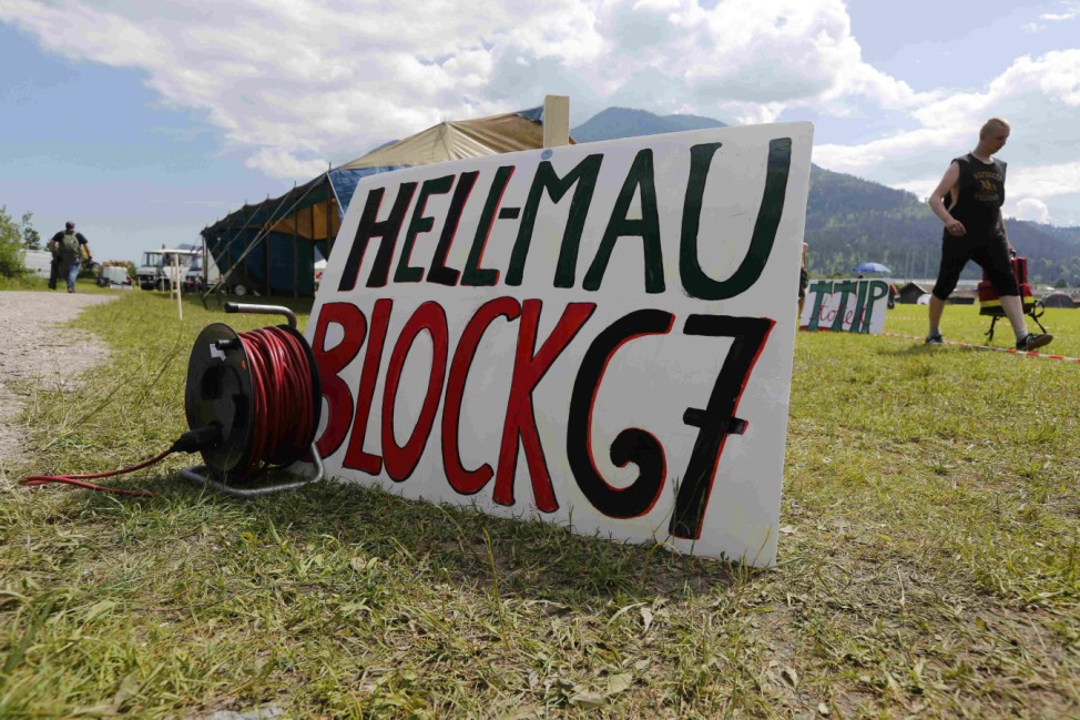 G7 opponents set up a tent camp on the field near the Loisach river in the outskirts of Garmisch-Partenkirchen
