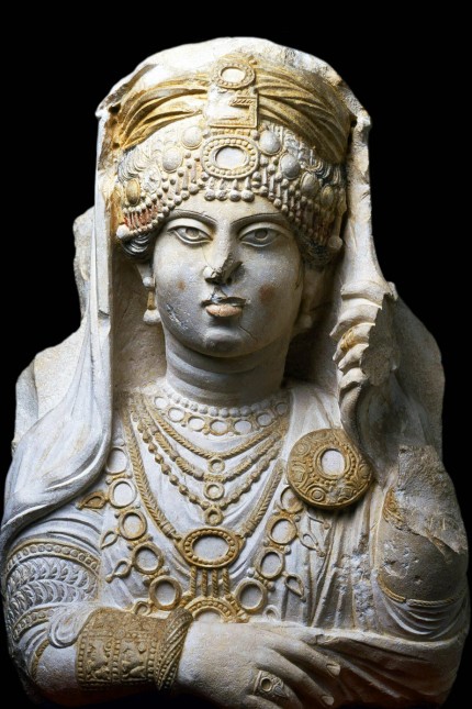 Syria: Limestone funerary bust of a woman known to posterity as 'The Beauty of Palmyra', c. 190—210 CE