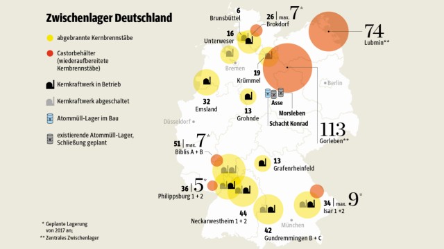Atommüll: Zwischenlager für Atommüll in Deutschland - SZ-Grafik: Hanna Eiden; Quelle: Bundesamt für Strahlenschutz (Stand: Ende 2014)