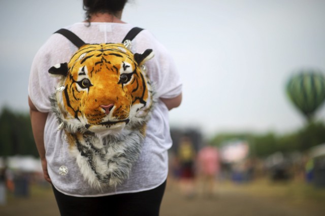 A woman wears a tiger backpack during the Firefly Music Festival in Dover