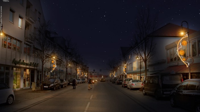 Erleuchtung: Neue Beleuchtung: So könnte die Untere Bahnhofstraße (Blick in Richtung S-Bahn) im kommenden Winter aussehen. Animation: MK Illumination/Oh