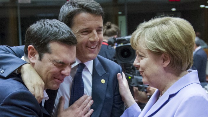 Greek Prime Minister Alexis Tsipras Italian Prime Minister Matteo Renzi and German Chancellor Angela Merkel attend a European Union leaders summit in Brussels