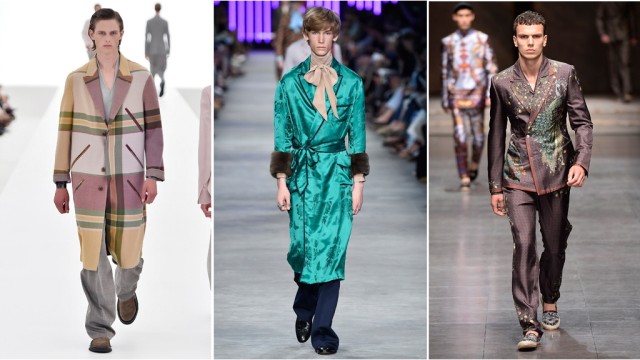 Männermode: Karierter Mantel und weite Hose von Ermenegildo Zegna Couture. Morgenmantel mit Pelzmanschetten von Gucci. Anzug mit Pfauendruck von Dolce & Gabbana.