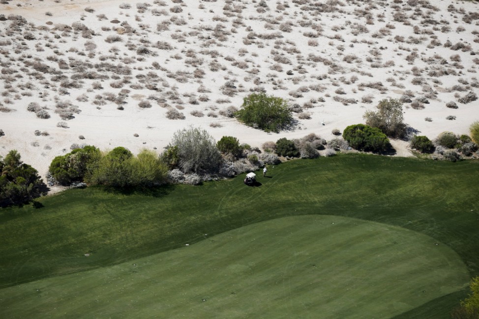 A man looks for a golf ball in the desert next to a golf course in the Palm Springs area