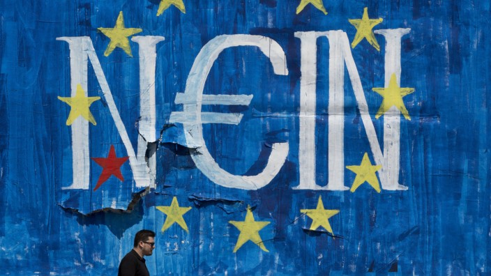 Pressestimmen zu Griechenland: Ein Graffito an einer Mauer in Athen. Auf Deutsch liest sich das als ein "Nein" zum Euro.