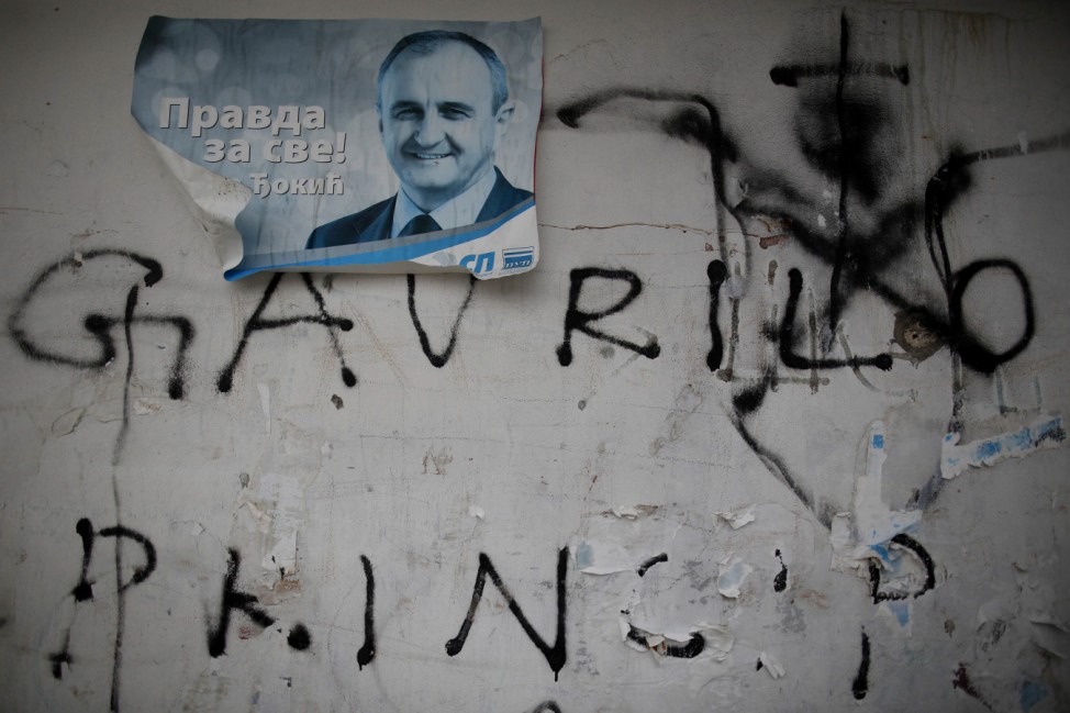 A political poster is pictured in Gavrilo Princip's hometown Bosansko Grahovo
