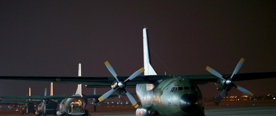 German Bundeswehr Transall C-160 plane carrying humanitarian aid stands on tarmac at Incirlik airbase near Adana