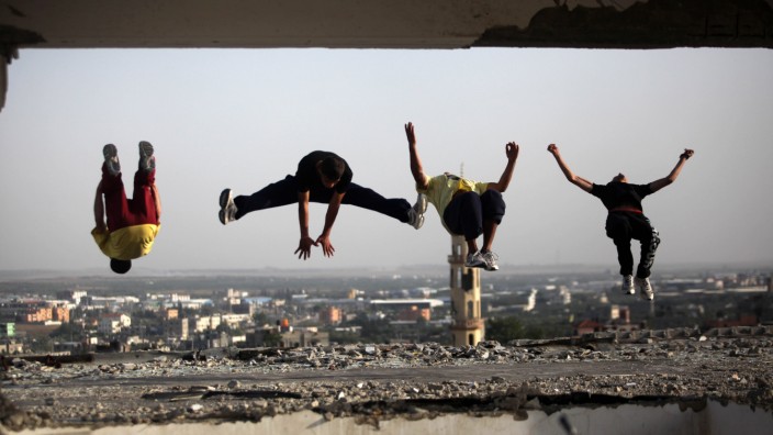 May 19 2015 Gaza gaza strip Palestine Palestinian youths practices his Parkour skills in the
