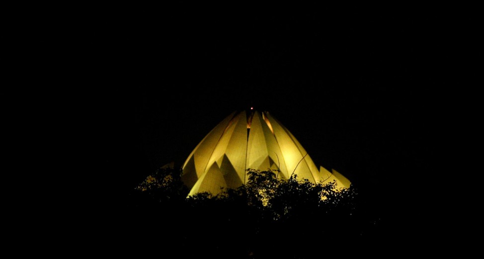 A night view of the Bahai Mashriqu'l-Adhkar or the Lotus Temple in New Delhi