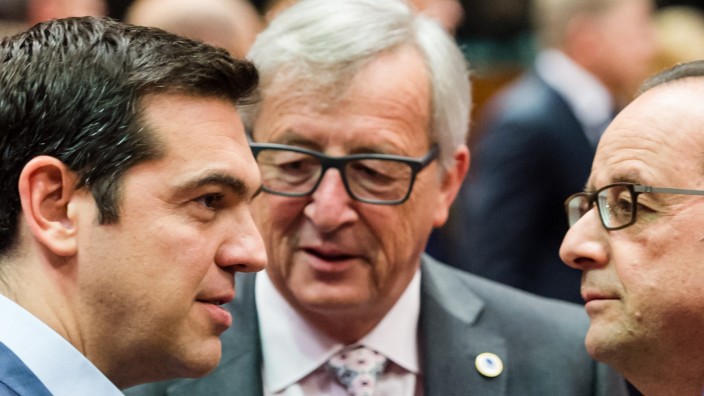 Krisengipfel in Brüssel: Griechenland-Gipfel in Brüssel: Premier Tsipras, EU-Kommissionspräsident Juncker und Präsident Hollande