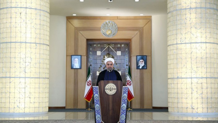 Iran's President Hassan Rouhani delivers a speech to the nation in Tehran