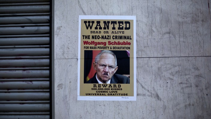 Euro-Krise: Finanzminister Schäuble, hier auf einem Schmähplakat in Athen, ist Feindbild vieler Europäer.