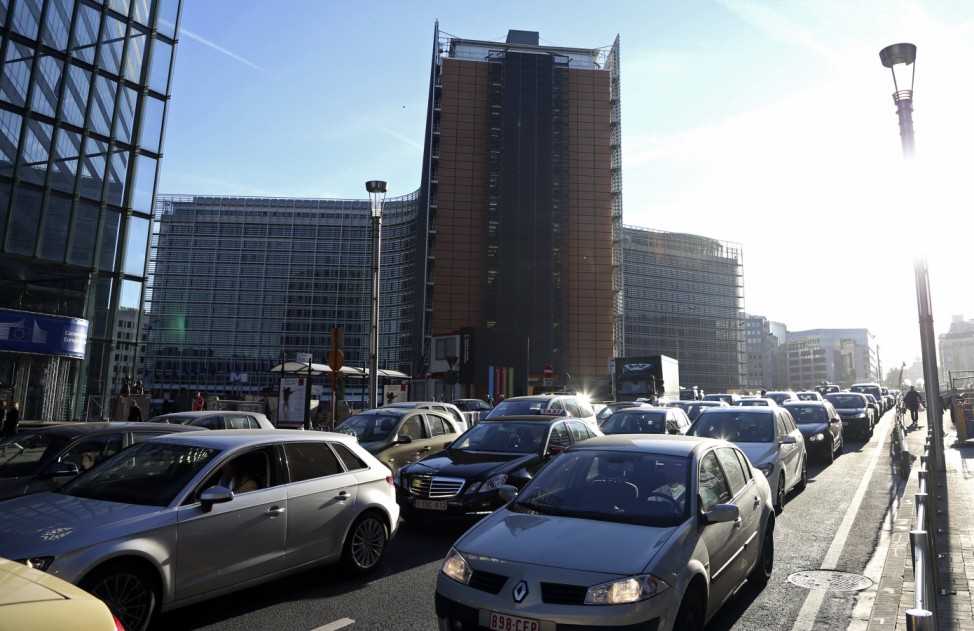 Cars are seen stuck in a traffic jam on a road near the European Commission headquarters during the morning rush hour in Brussels