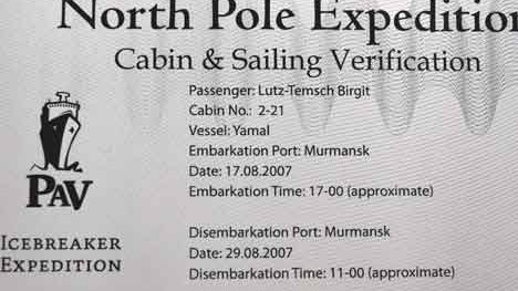 Zum Nordpol und zurück (I): So sieht das Ticket zum Pol aus.
