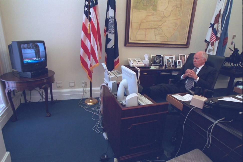 U.S. Vice President Dick Cheney watches television reports in Washington in the hours following the September 11, 2001 attacks in this U.S National Archives handout photo