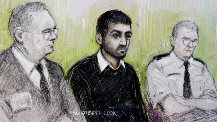 Britische Medien : Zeichnung des Angeklagten vor Gericht. Er wurde freigesprochen.