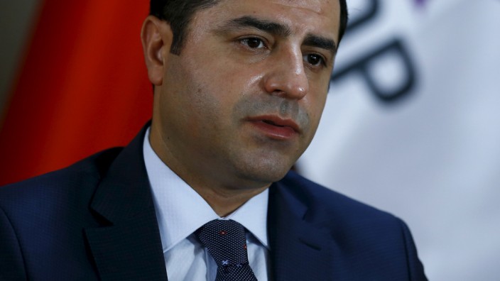 The leader of Turkey's pro-Kurdish opposition Peoples' Democratic Party Selahattin Demirtas answers a question during an interview with Reuters in Ankara