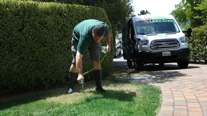California Company Offers Lawn Painting Service To Turn Drought-Stricken Dead Lawns GreenBill Schaffer, Rasenanmaler in Kalifornien, Foto: privat