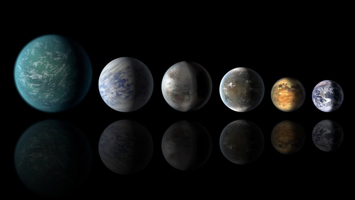 Weltall: Die Social-Media-Stars des Weltalls: Von links Kepler-22b, 69c, 452b, 62f und 186f. Ganz rechts die Erde. Die Neuentdeckungen ähneln ihr.