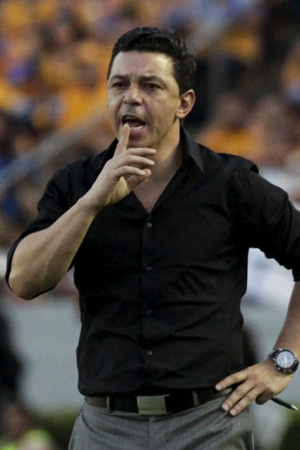 Coach Gallardo of Argentina's River Plate gestures during the first leg of their Copa Libertadores soccer match final against Mexico's Tigres in Monterrey