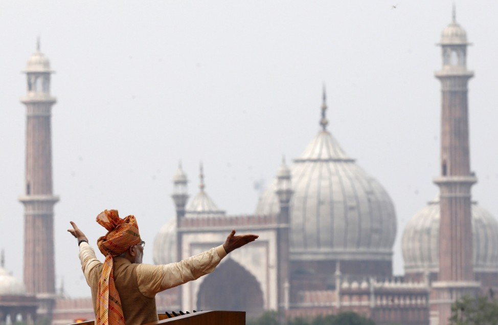 Indian Prime Minister Modi addresses the nation from the historic Red Fort during Independence Day celebrations in Delhi