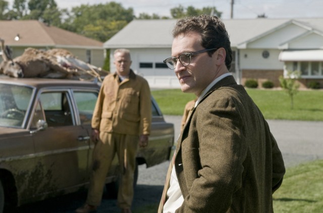 Publicity photo of actors Peter Breitmayer and Michael Stuhlbarg in a scene from the film "A Serious Man"