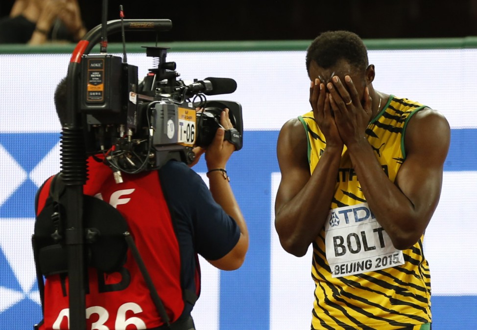 Bolt of Jamaica concentrates as he prepares to start the men's 100 metres final during the 15th IAAF World Championships at the National Stadium in Beijing