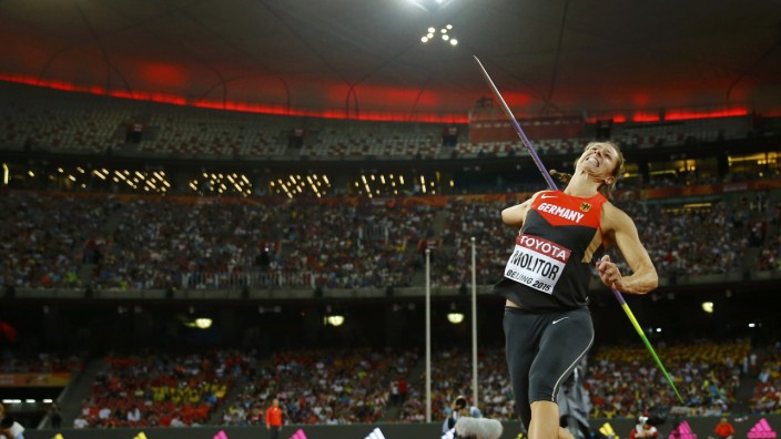 Molitor of Germany competes in the women's javelin throw final during the 15th IAAF World Championships at the National Stadium in Beijing