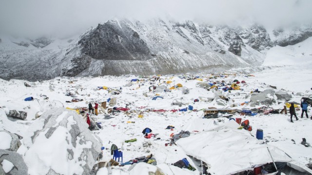 The Mount Everest south base camp is seen a day after a huge earthquake-caused avalanche