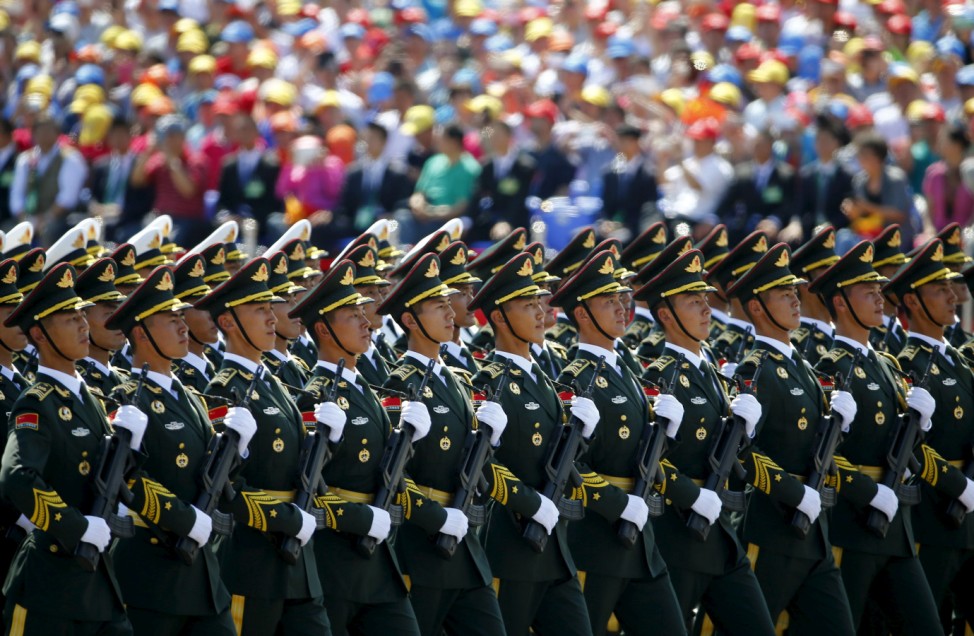 Soldiers of China's People's Liberation Army (PLA) march during the military parade to mark the 70th anniversary of the end of World War Two, in Beijing