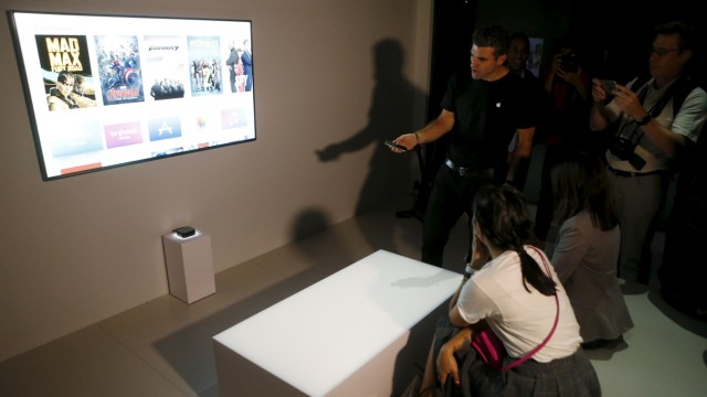 The new Apple TV is displayed during an Apple media event in San Francisco
