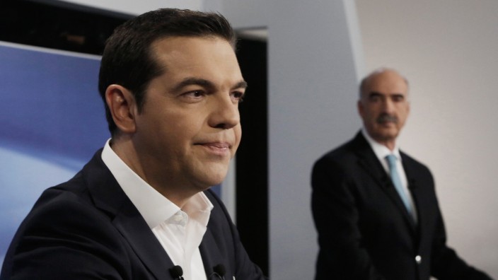 Alexis Tsipras und Evangelos Meimarakis bei einer Fernsehdebatte 2015
