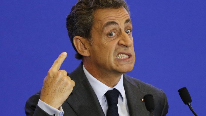 Nicolas Sarkozy, former French president and head of the conservative Les Republicains political party, delivers his speech at the party's headquarters in Paris