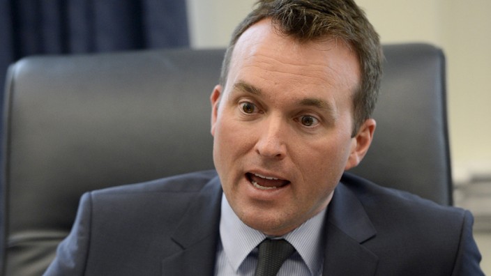 Under Secretary of the Air Force Eric Fanning presents the 2015 Air Force space program budget in a media briefing at the Pentagon in Washington