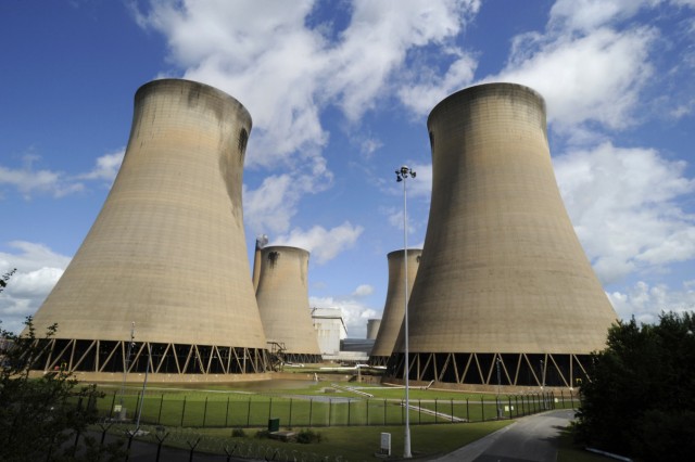 Power station chimneys are seen near Drax in northern England