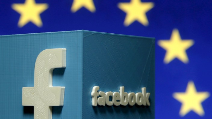 File picture illustration of a 3D-printed Facebook logo in front of the EU logo