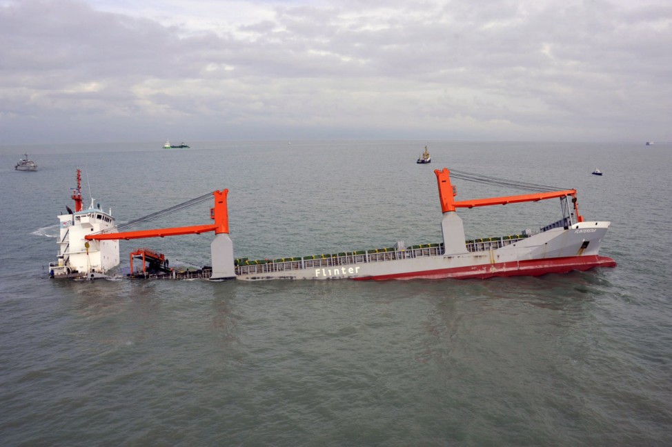 Dutch freighter Flinterstar is seen sinking after colliding with Marshall Island-flagged tanker Al-Oraiq in the North Sea off the Belgian coast