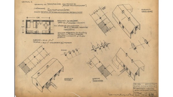 Architektur für Unterkünfte: 1943 entwarf Hans Schwippert die Reihen- und Gruppenbauten von Behelfsheimen. Einfache, erweiterbare Häuser, die versuchen, möglichst viel Platz zu bieten.
