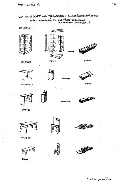 Architektur für Unterkünfte: Aus dem Jahr 1943 stammen auch Möbel- entwürfe, die Maria Schwarz zeichnete. Sie alle konnten zerlegt werden.