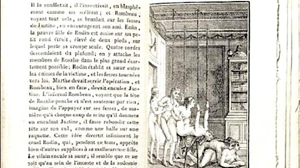 Aus den Untiefen der "Hölle": Doppelseite aus Marquis des Sades Roman "Justine oder vom Missgeschick der Tugend. Er schrieb ihn 1787 während seiner Haft in der Bastille.