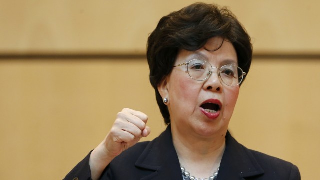 World Health Organisation Director-General Chan gestures during her address to the 68th World Health Assembly at the UN in Geneva