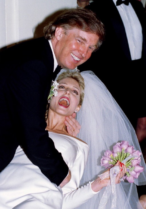 Developer Donald Trump hams it up with his new bride Marla Maples after their wedding at the Plaza h..