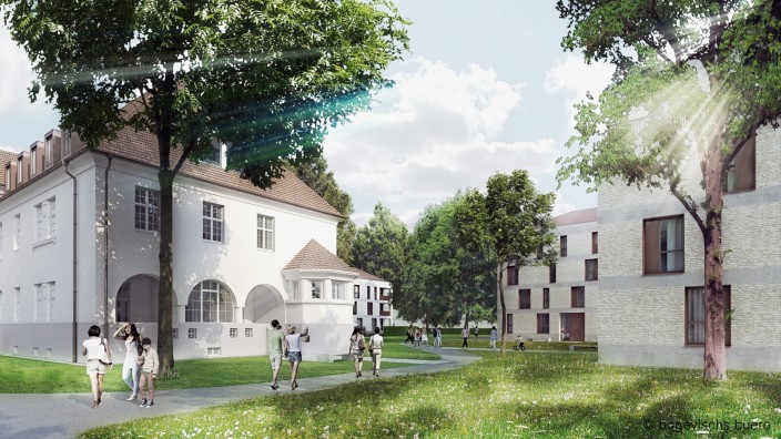 Wohnungsbau: Denkmalgeschützte Häuser stehen neben Neubauten, wie sie das Münchner Büro Bogevischs im Zuge des Bauleitverfahrens entworfen hat. Simulation: Büro Bogevischs