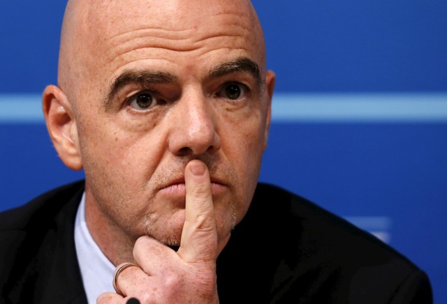 UEFA general secretary Infantino pauses during a news conference following a meeting of UEFA's executive committee in Nyon