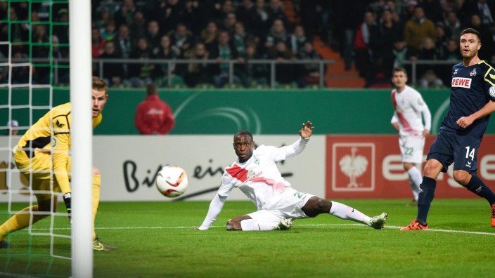 Bremen's Anthony Ujah scores a goal against FC Cologne during their German Cup (DFB Pokal) second round soccer match in Bremen