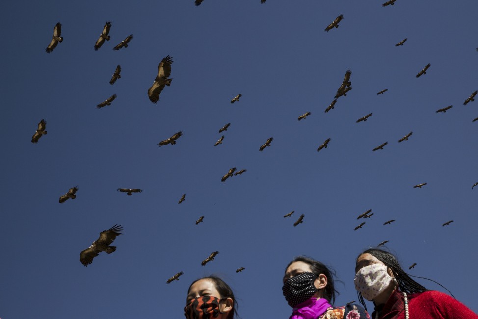 Vultures come from skies over ethnic Tibetans gathering for a sky burial near the Larung valley located some 3700 to 4000 metres above the sea level in Sertar county, Garze Tibetan Autonomous Prefecture, Sichuan province