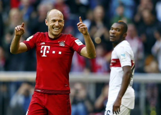 Robben celebrates Munich's second goal against VfB Stuttgart during their Bundesliga first division soccer match in Munich